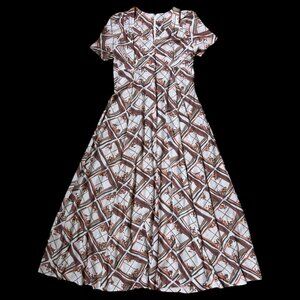 70s vintage geometric plaid print maxi dress abstract empire waist puff sleeve.